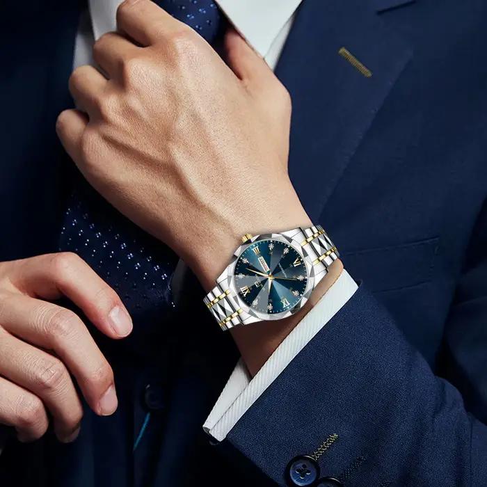 Montre de luxe en acier inoxydable avec diamants pour homme style affaires résistante à l'eau et lumières nocturnes multifonctionnelle quartz or bronze café multicolore rose