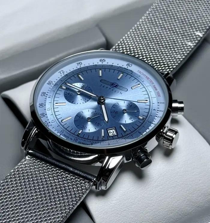 Nouvelle Collection 2026 Montre Homme Zeppelin à Quartz 42mm Cadran Bleu Rétro Business Casual Luxe avec Bracelet en Maille Acier Inoxydable