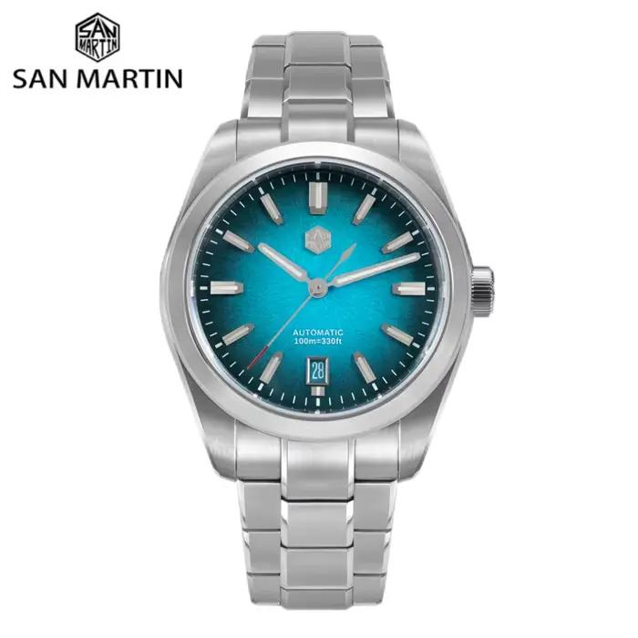 Montre San Martin en acier inoxydable avec bracelet 316L et cadran en émail dégradé bleu/orange/rouge résistante à l'eau pour homme occasions spéciales