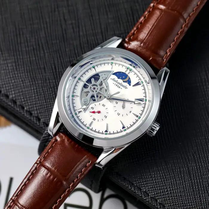 Montre automatique à cinq aiguilles avec squelette lumineux et phase de lune pour homme, acier inoxydable, bracelet en cuir, résistance à l'eau, design mode et casual