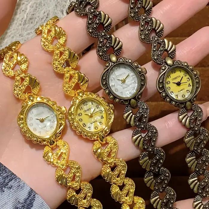 Montre à Quartz analogique en or Vintage chiffres arabes exquises cadran Montre-bracelet dames montres pour femmes