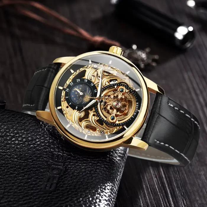 Montre de luxe T-WINNER avec tourbillon doré et bracelet en cuir pour hommes occassions formelles et informelles