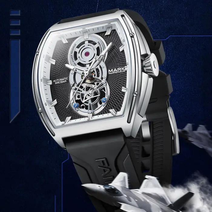 Montre Homme Automatique Mécanique Mark Fairwhale 6029 Tendance Bracelet Caoutchouc Tourbillon Tonneau Montres