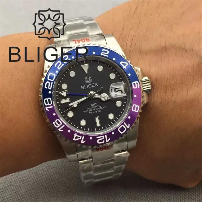 BLIGER 40mm GMT montre pour hommes lumineux bleu rouge violet lunette insérer verre saphir acier inoxydable étanche Relogio Masculino