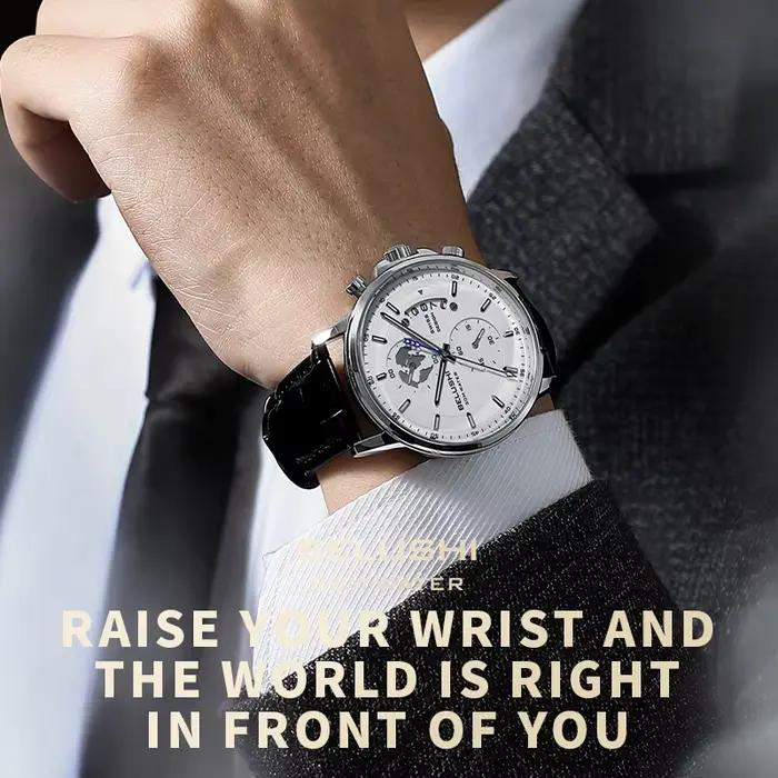 Montres de sport homme quartz étanches avec chronographe et calendrier complet en cuir bronze café multicolore rose