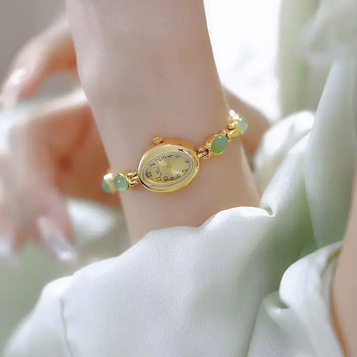 Montre à Quartz Femme 2026 de Luxe Rétro avec Pierre Naturelle Dongling et Jade Hotan Étanche Bracelet en Alliage pour Femmes Occasions Spéciales