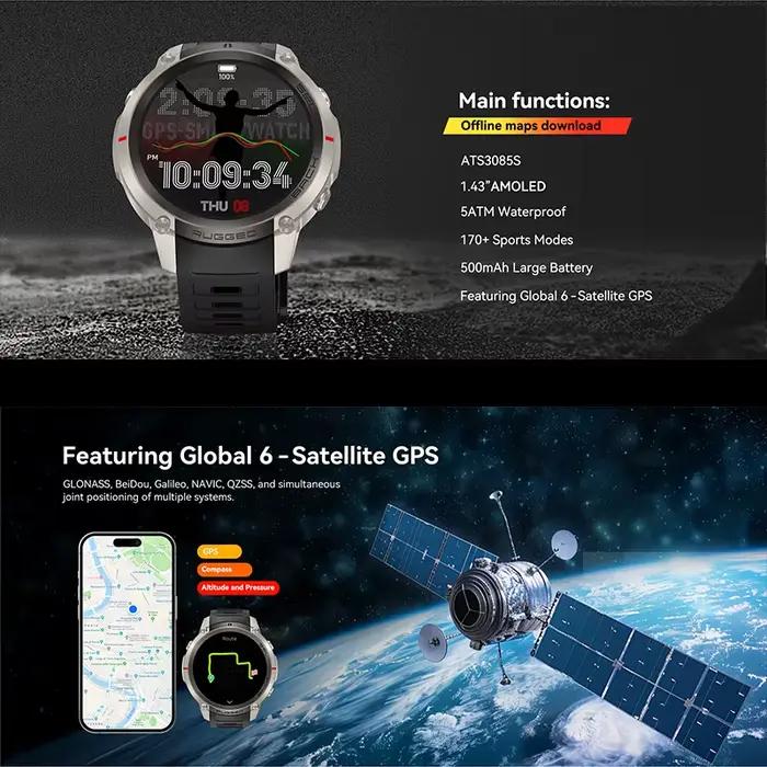Montre GPS d'extérieur avec 170 modes sportifs, moniteur de fréquence cardiaque, suivi du sommeil et plus de 170 langues supportées pour homme et femme