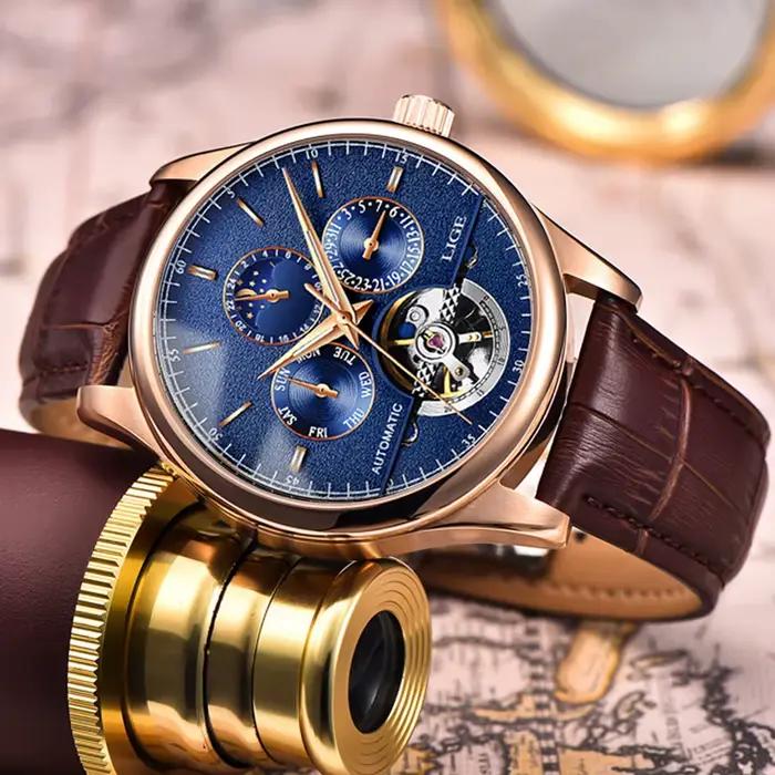 Montre-bracelet mécanique en cuir véritable étanche pour homme