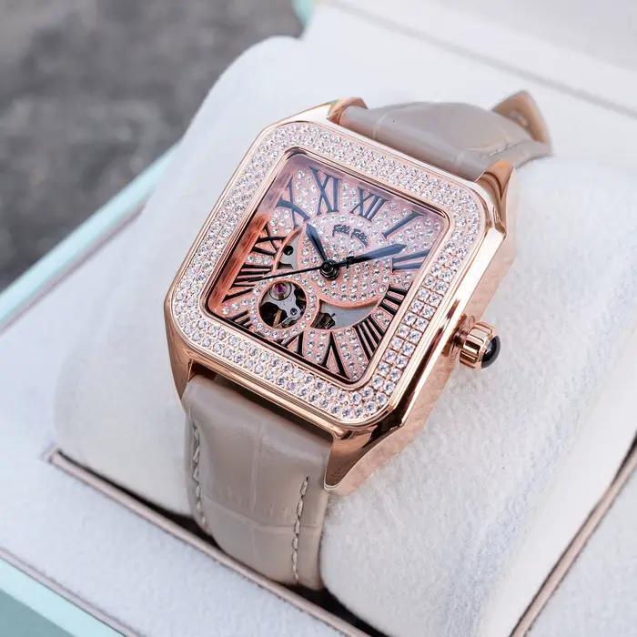 Montre habillée carrée pour femme cadran en or rose diamant chiffres romains bracelet en cuir gris montre-bracelet