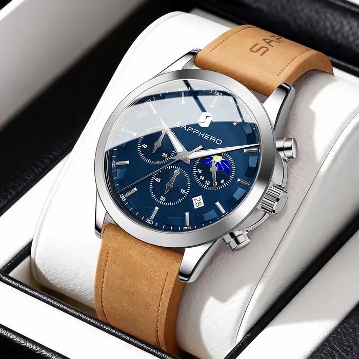 Montre homme Sapphero Sapphire Clock élégante résistante à l'eau bracelet cuir pour affaires voyage polyvalente