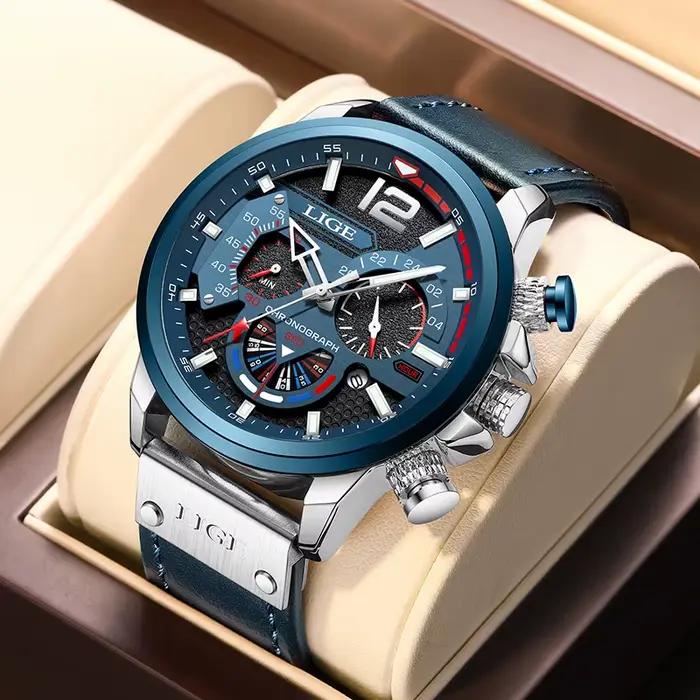 Montre homme LIGE design créatif montre de sport décontractée cuir de luxe quartz résistante à l'eau pour hommes occasions spéciales