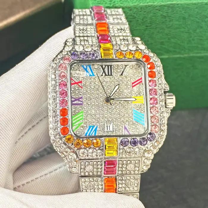 Montre Homme Quartz Diamant Arc-en-ciel Entièrement Sertie Or Gypsophile Vintage Forme Carrée Hip Hop Reloj