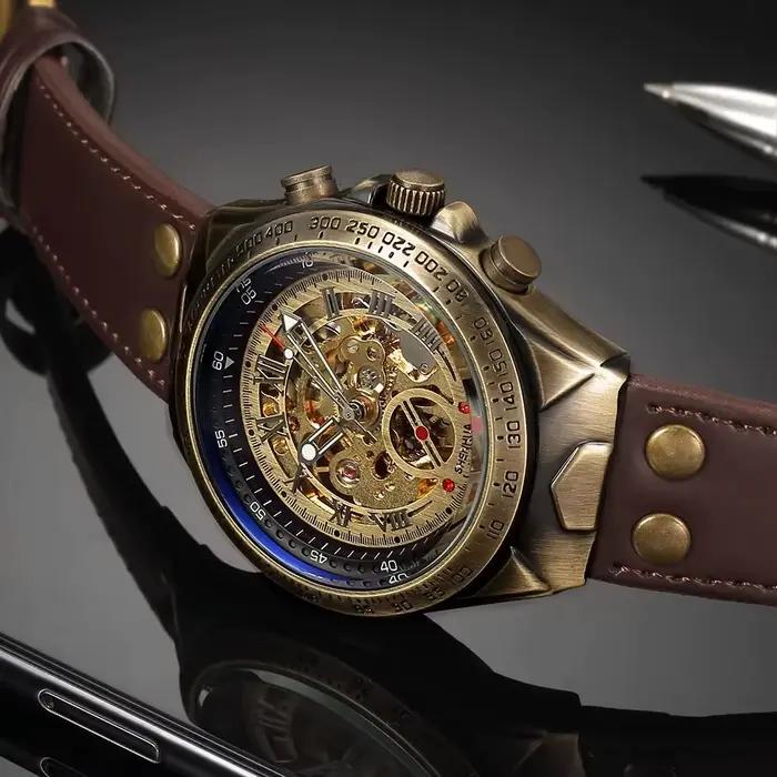 Montre mécanique automatique squelette rétro en Bronze pour hommes