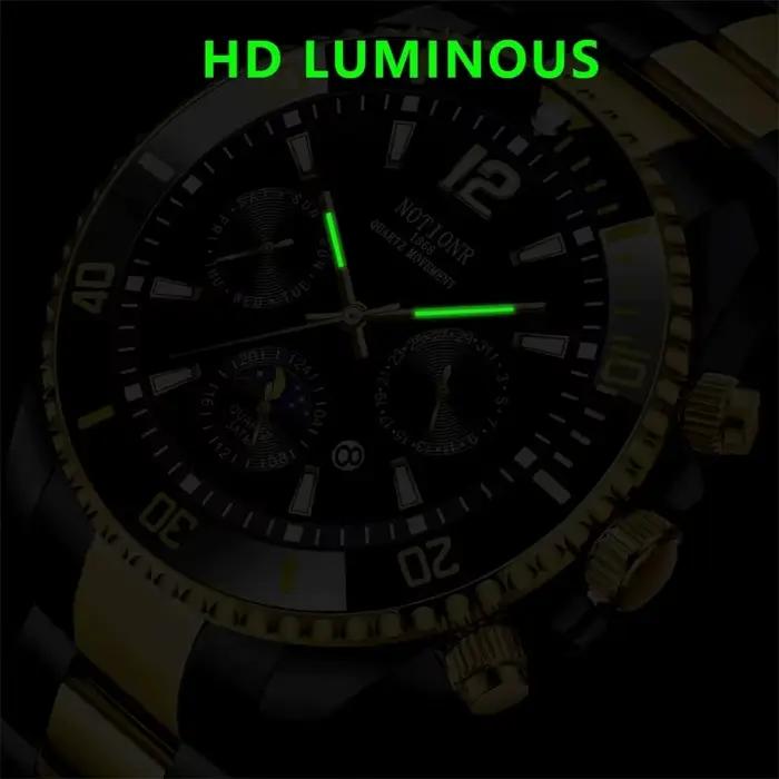 Montre en acier inoxydable Notionr à quartz avec mains lumineuses et calendrier complet pour homme mode et décontracté