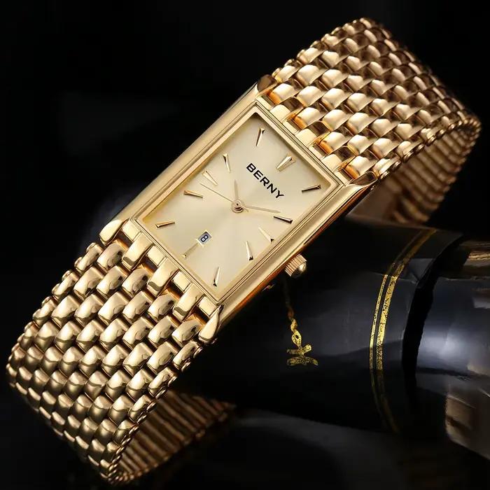 montre homme Montre de luxe dorée rectangulaire pour hommes, montre-bracelet à Quartz en acier inoxydable, étanche 3ATM