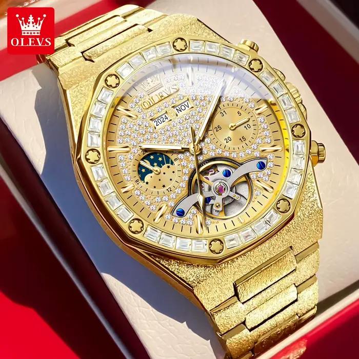 Montre OLEVS Tourbillon Automatique Luxe Hommes avec Tourbillon Squelette Lumineux Calendrier Complet et Phase de Lune Occasions Spéciales