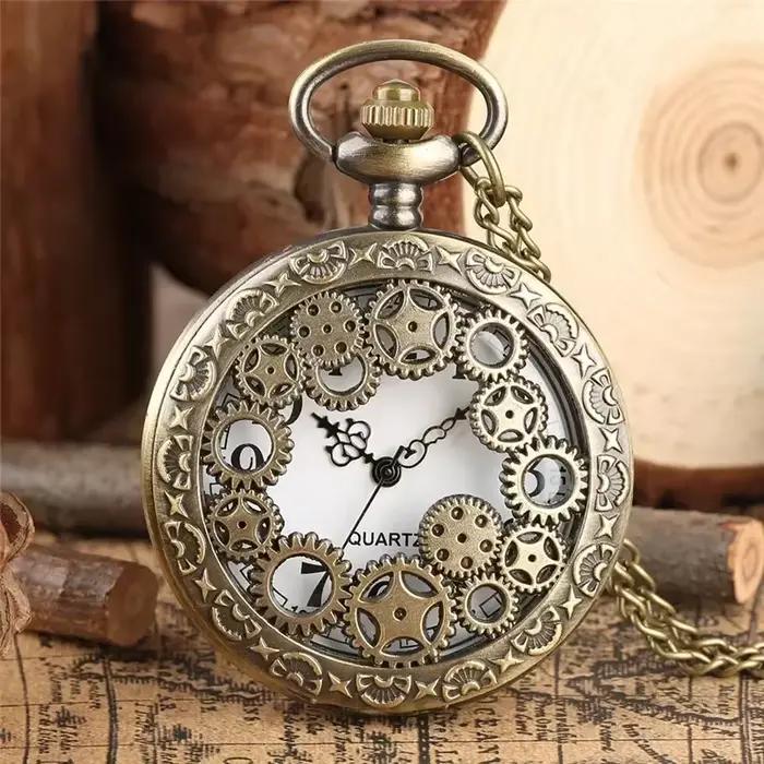Montre de poche antique avec couvercle ajouré en forme de roue dentée, montre analogique à quartz pour hommes et femmes avec chaîne de collier, montre de collection