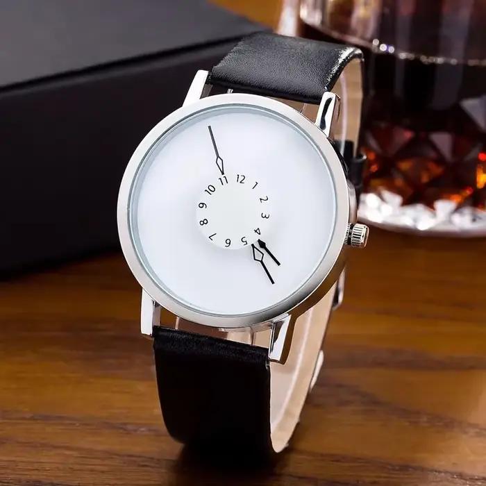 Montre-bracelet à quartz en cuir noir pour hommes