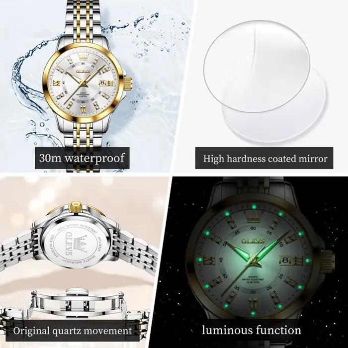 Montre élégante OLEVS en acier inoxydable avec bracelet lumineux et résistant aux chocs pour femmes occasions spéciales quartz fashionable casual resistant to water