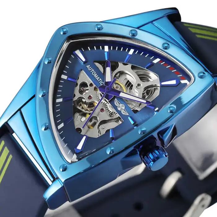 Montre T-WINNER en acier inoxydable avec bracelet en silicone bleu, style luxueux et design squelette pour hommes occasions spéciales