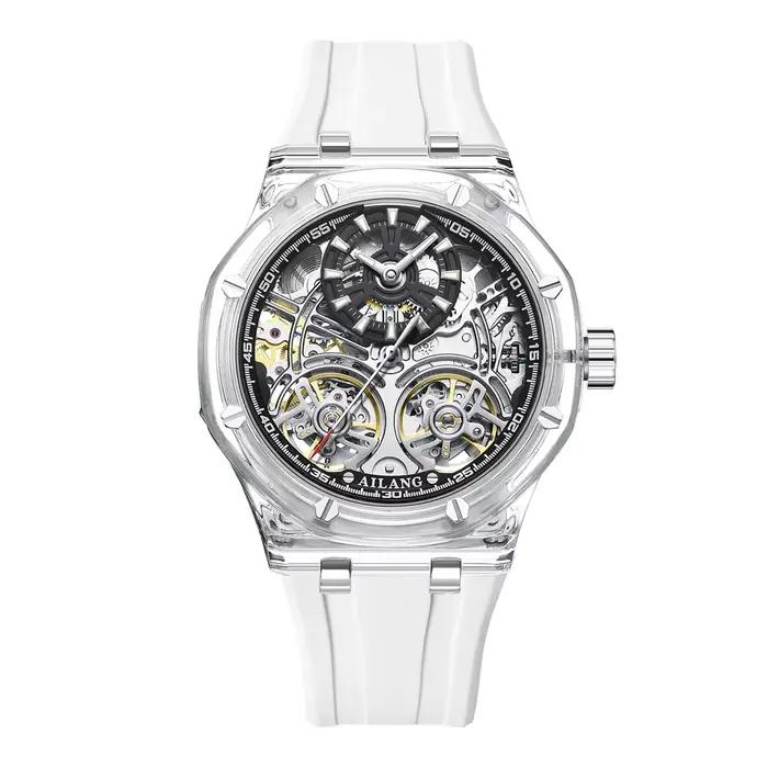 Blanc Double Tourbillon hommes montres de luxe automatique montre mécanique en caoutchouc sport décontracté