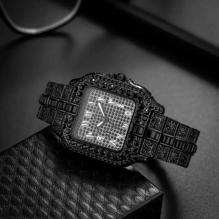 Montres pour hommes en diamant noir glacé Hip Hop Cool mâle femme montre à Quartz avec calendrier horloge à main lumineuse livraison directe