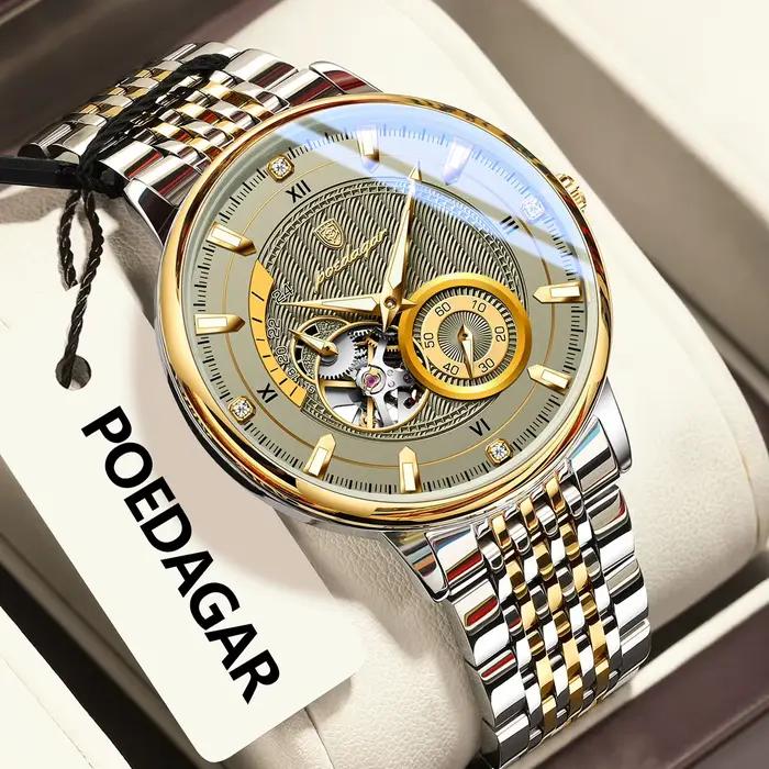POEDAGAR haut de gamme homme montre-bracelet lumineux creux Tourbillon en acier inoxydable hommes horloge mécanique