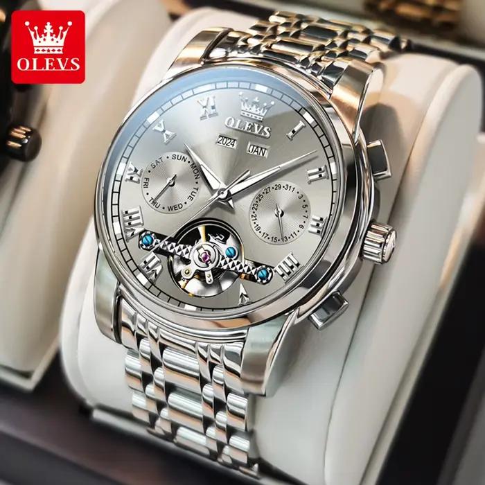 OLEVS 6607 montres entièrement automatiques en acier inoxydable squelette volant double calendrier haut de gamme marque montre-bracelet mécanique pour hommes