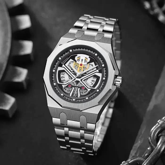 Montre-bracelet vintage PINTIME avec cadran engrenage et aiguilles rectangulaires pour homme occasions spéciales et quotidienne