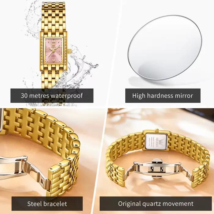 Montre dorée OLEVS en acier inoxydable pour femmes résistante à l'eau et élégante pour diverses occasions et cadeaux