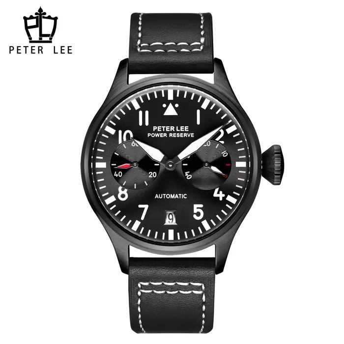Marque de luxe PETER LEE mouvement automatique mécanique pilote montres pour homme élégant lumineux aviateur cuir mâle cadeaux montre