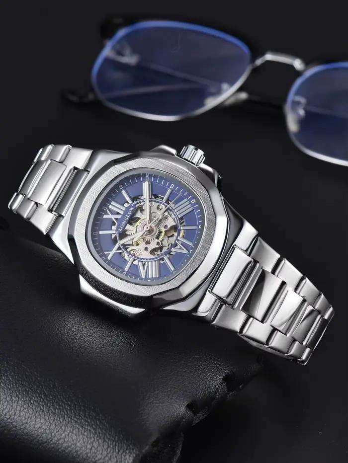 Montre homme automatique mécanique cadran romain squelette lumineuse acier inoxydable pour affaires et occasions spéciales