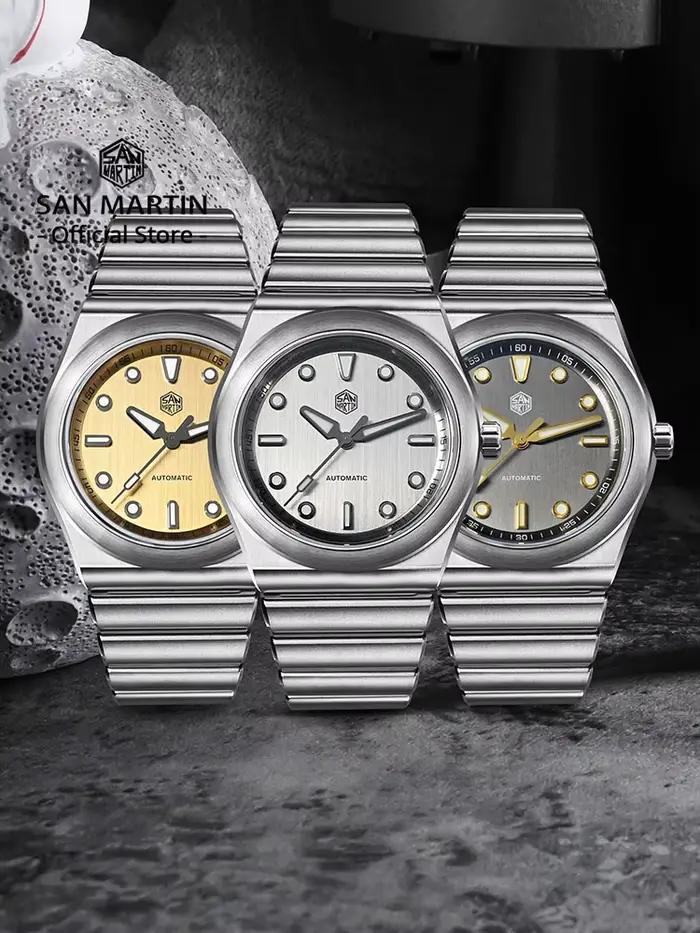 Montre de sport San Martin 40mm avec mouvement Miyota 90S5 bracelet incurvé acier inoxydable résistante à l'eau pour hommes occasions spéciales