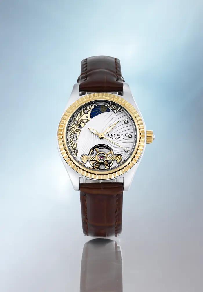 Montre en cuir lumineuse automatique pour femmes avec mouvement mécanique étanche et design décontracté de luxe occasions spéciales