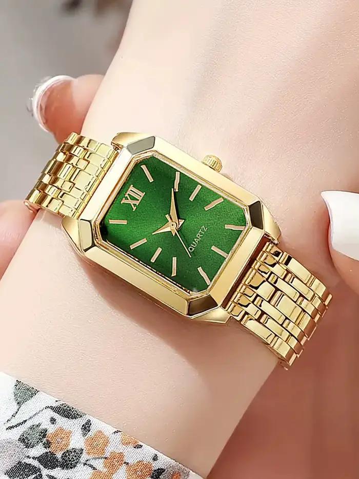 Montre carrée verte avec bracelet, collier et boucles d'oreilles pour femme occasions spéciales et quotidien