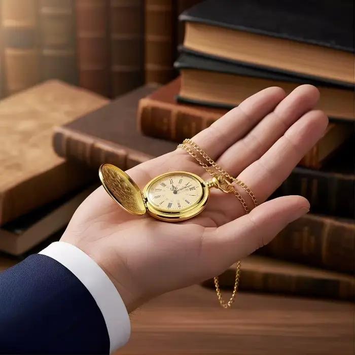 Montre de poche pour homme en or avec chaîne vintage - Mouvement à quartz rond
