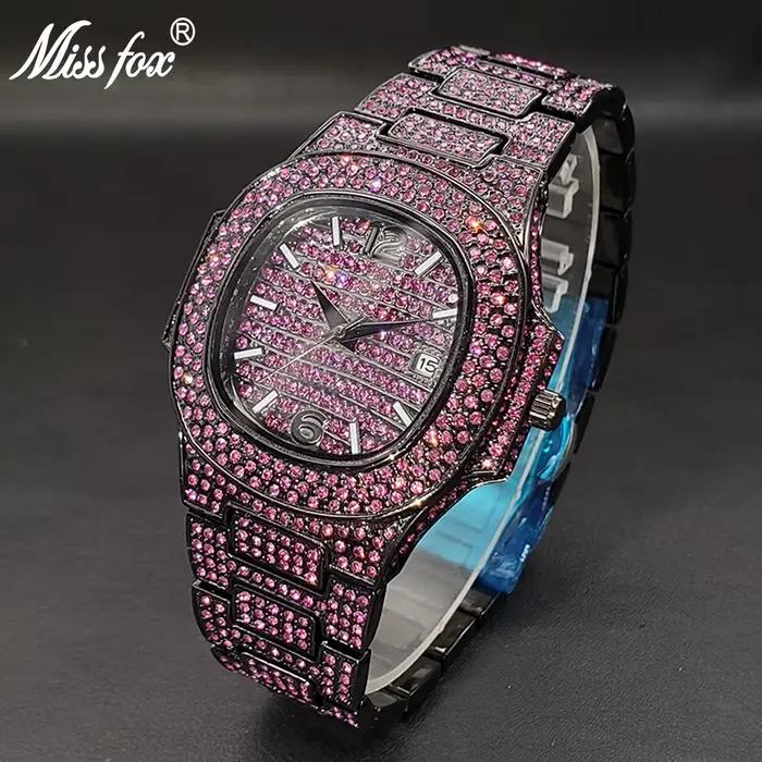 Montre Hip Hop en diamant rose pour hommes