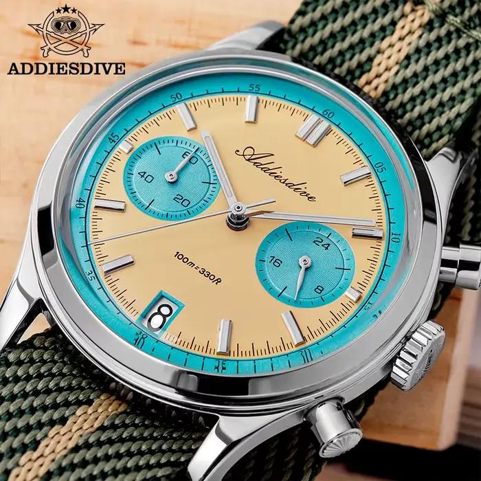 ADDIESDIVE Top marque homme montre BGW9 Super lumineux 10Bar étanche bulle miroir verre VK64 chronographe Quartz acier montre-bracelet