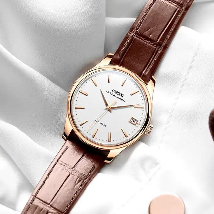 Montre-bracelet LOBINNI de luxe en acier inoxydable avec bracelet en cuir pour femmes, résistante à l'eau, mouvement automatique, pour occasions spéciales