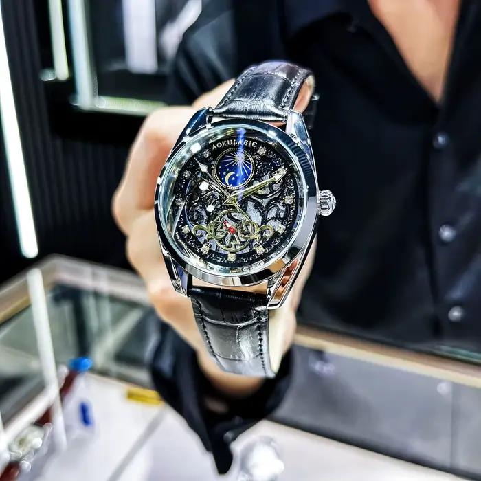Montres mécaniques AOKULASIC pour hommes élégantes et polyvalentes avec mouvement automatique et résistance à l'eau 3 bars pour différentes occasions sociales et professionnelles