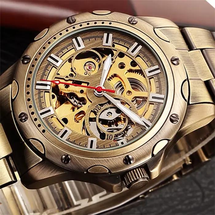 SHENHUA 9536A hommes montre mécanique automatique Bronze squelette décontracté
