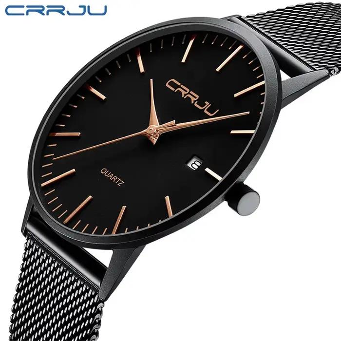 CRRJU 2172 noir en gros de luxe mode maille ultra mince minimal japon mouvement hommes montre à quartz reloj