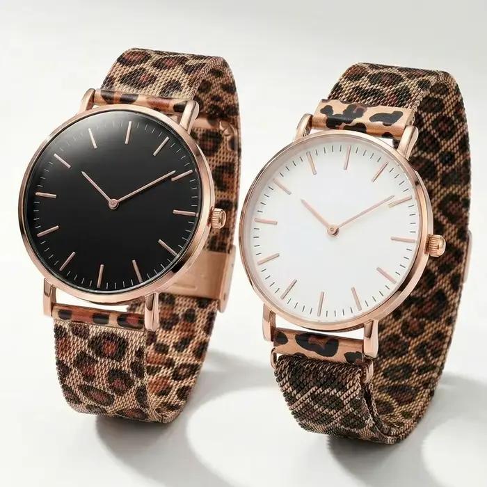 Montre femme ultra-fine motif léopard bracelet en maille acier inoxydable fermoir magnétique pour femmes occasions quotidiennes professionnelles et détente