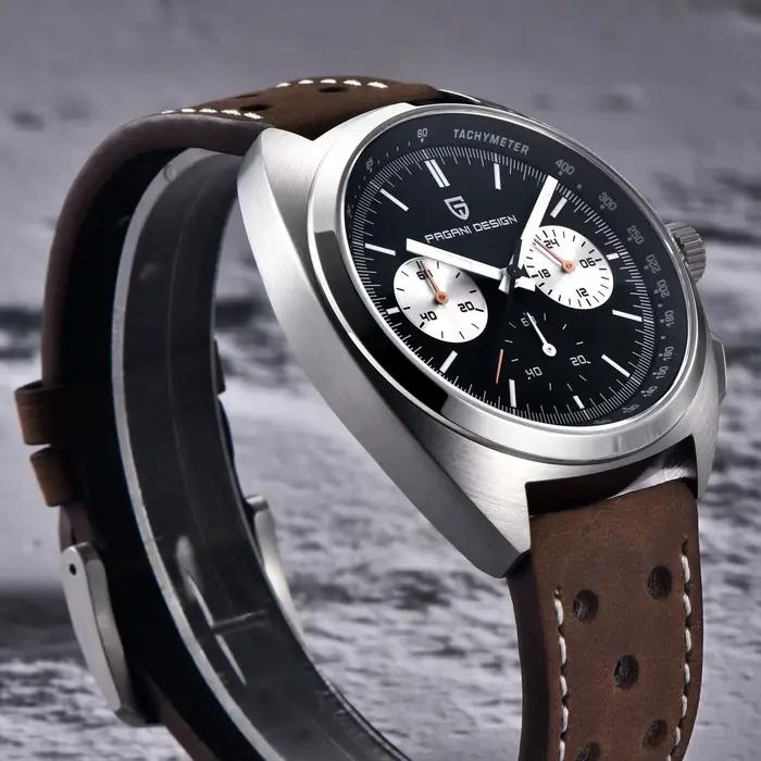 Montre-bracelet à quartz PAGANI DESIGN rétro sport avec cadran panda en acier inoxydable pour hommes résistante à l'eau et aux activités quotidiennes