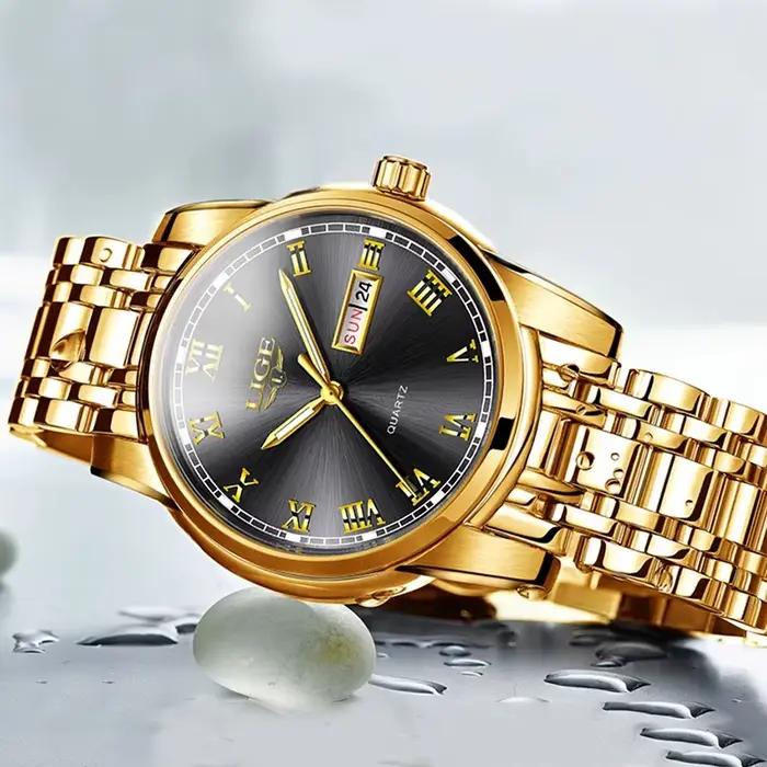 Montre Quartz Dorée LIGE pour Homme Occasions Spéciales Horlogerie Luxe Business Casual