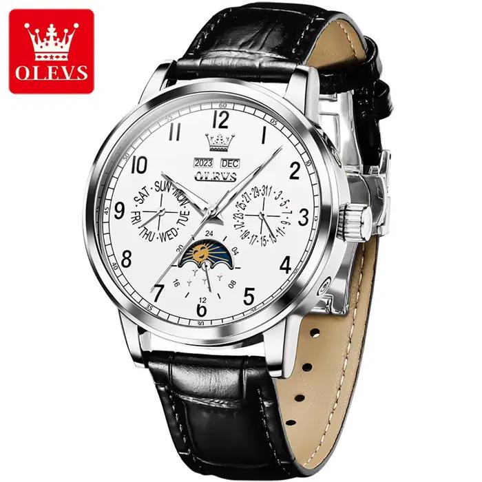OLEVS 6698 nouvelle montre mécanique de Phase de lune pour hommes numéro 42mm grand cadran en cuir horloge à main étanche automatique homme montres 2025