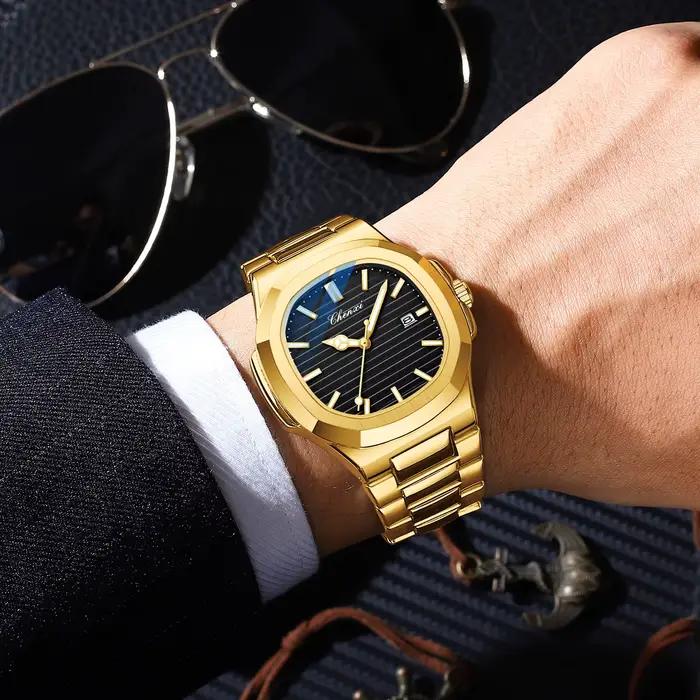 Montre étanche en acier inoxydable doré pour homme