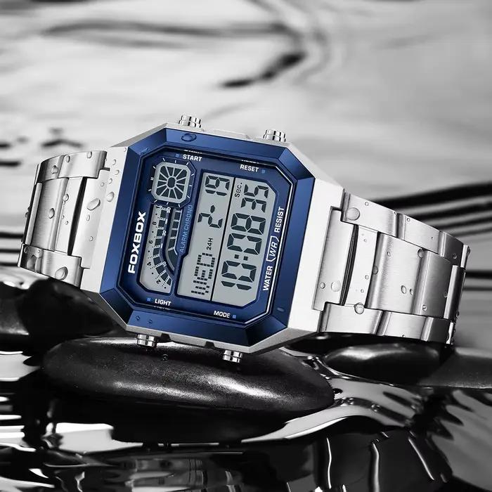 Montre FoxBox Carré Numérique Résistante à L'eau Homme Occasions Spéciales Affichage Lumineux Élégance Polyvalente Décontractée