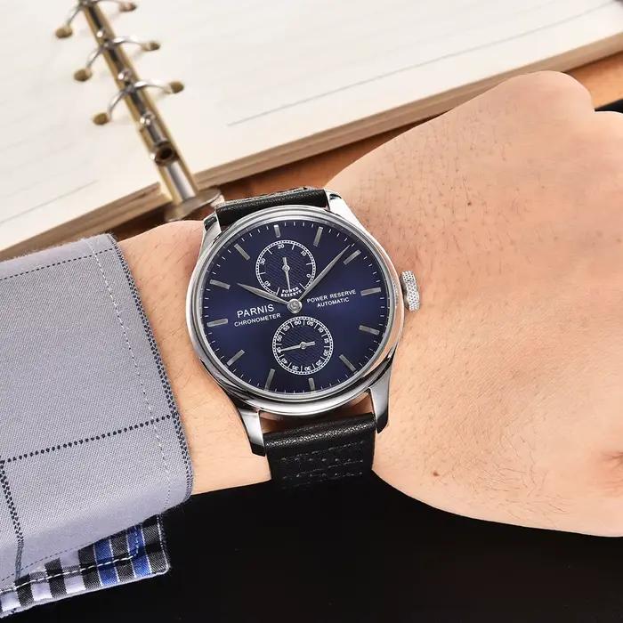 Nouvelle mode Parnis 43mm cadran bleu automatique montre pour hommes réserve de marche montres mécaniques bracelet en