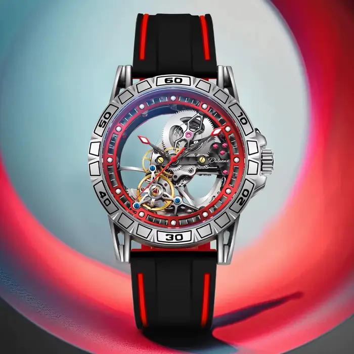 Dulunwe montre mécanique pour hommes 46MM fenêtre cadran creux remontage automatique mode rouge sport 30M